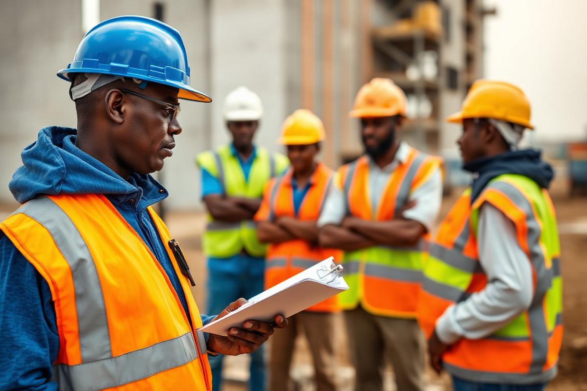 African HSE officer briefing a construction crew wearing PPE